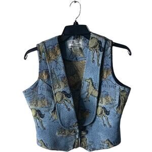 Southwest Canyon Vintage Western Vest Women L Horse Print Collared Knitted Retro